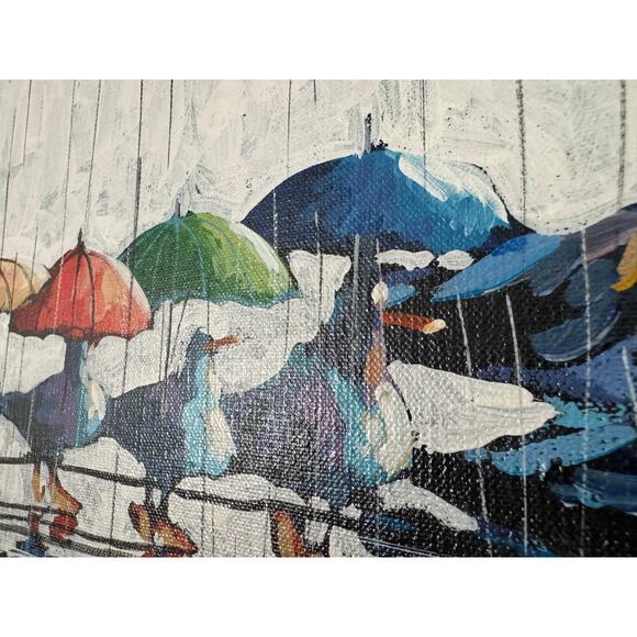 Whimsical Original Oil Painting of Ducks with Umbrellas - Picture 6 of 8